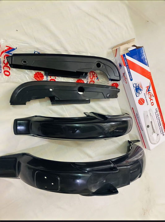 3Pc Set - 2 Motorcycle Plastic Mudguards & 1Pc Chain Cover Set Best Quality - 70cc Bike - Rust Proof