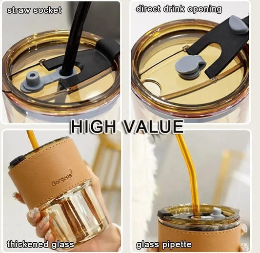 Reusable Coffee Mug With Straw – Leakproof Lid & Heat-Resistant PU Leather Sleeve For Hot & Cold Drinks (300ml)