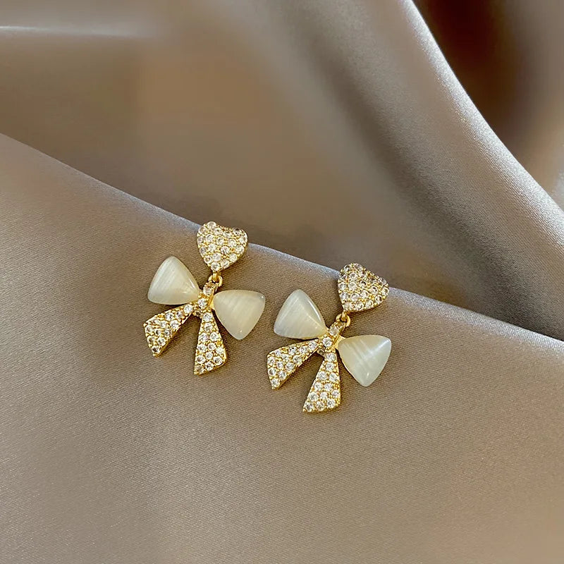 Heart Bow Zircon Korean Stud Earrings For Women – Elegant Golden Alloy Earrings Without Box