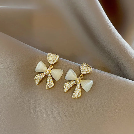 Heart Bow Zircon Korean Stud Earrings For Women – Elegant Golden Alloy Earrings Without Box