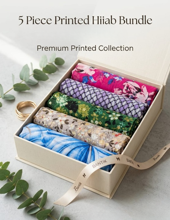 5-Piece Printed Lawn Hijab Bundle With 4-In-1 Multi-Color Inner Cap – Soft Premium Lawn Scarves For Women | Random Color Mix Print