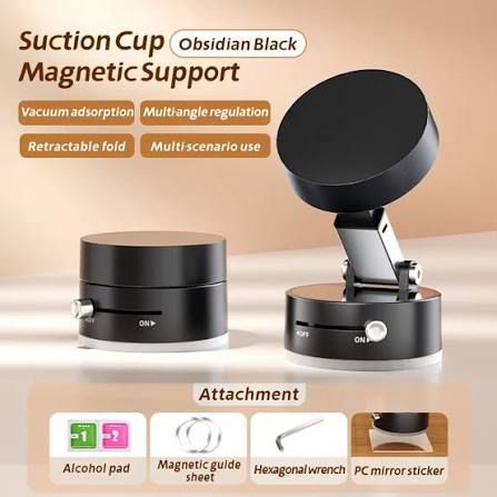 Premium Suction Cup Magnetic Support Holder – Obsidian Black Multi-Angle Retractable Folding Phone Mount For Car, Desk