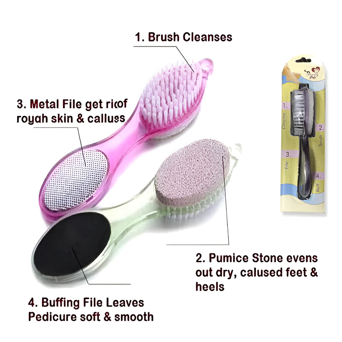 4 In 1 Foot Scrubber | Multi Use Pedicure Paddle Brush - 4 Step Pedicure Cleanse, Scrub, File And Buff (Random Color)