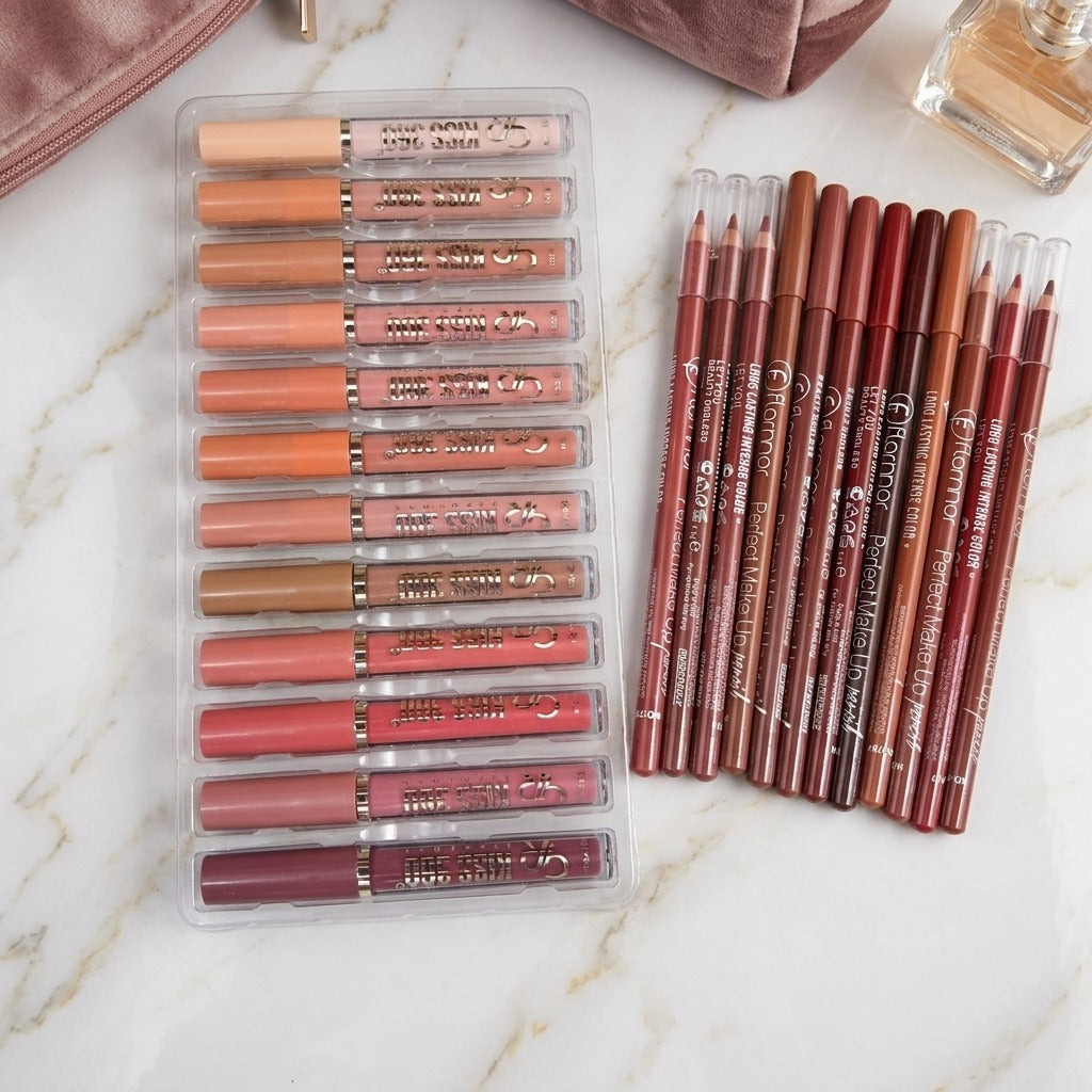 12 Pcs Lip Gloss Set + 12 Pcs Matte Lip Liner Set | Complete Lip Makeup Collection L Different Brand