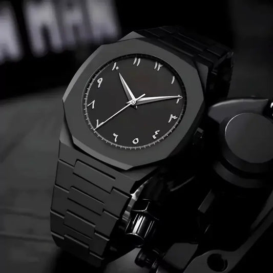 Black Minimalist Analog Wrist Aura Watch With Stainless Steel Strap And Butterfly Lock