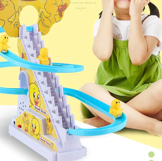 Small Duck Climbing Stairs Toy DIY Racing Track Toy Music Duck Roller Coaster(Random Color)