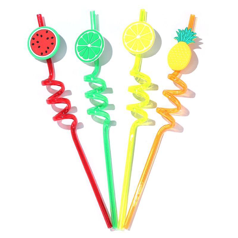 4Pcs Cartoon Lime Lemon Pineapple Watermelon Plastic Spiral Drinking Straws Children (Random Color )