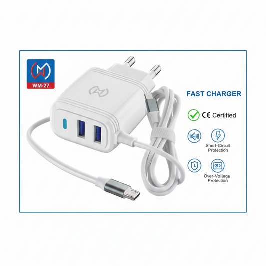 WM 27 3.1A Fast Micro USB Charger With Dual USB Ports – Cable & Adapter By WM