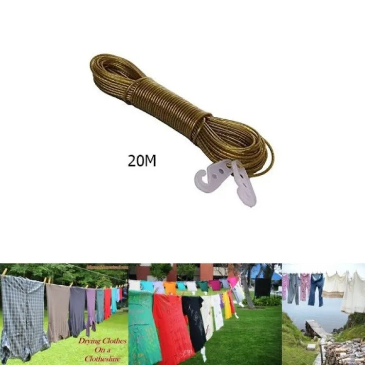 20 Meters Clothesline Laundry Wet Rope PVC Coated Strong Metal Wire For Clothes Rope Wire( With Hooks )