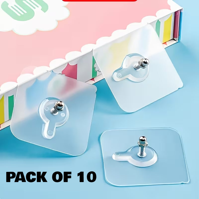 Transparent Self-Adhesive Wall Hooks Sticker – Strong Hold, No Drill, Damage-Free Hanging - Pack Of 10