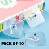 Transparent Self-Adhesive Wall Hooks Sticker – Strong Hold, No Drill, Damage-Free Hanging - Pack Of 10