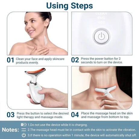 Rechargeable Neck & Face Massager With EMS Microcurrent – 3 Color Light Therapy, Hot Compress & Vibration Facial Skin Care Device (Type-C Charging)