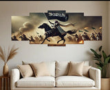Islamic Warrior Canvas Wall Art – Set Of 5 Panels (16x40 Inches) | Wooden Sticky Tile Frames With Double Tape