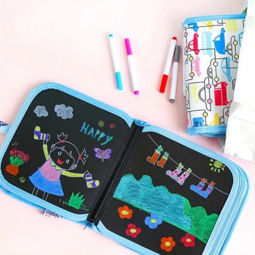 Erasable & Reusable Doodle Magic Blackboard Book With 3 Color Markers – Kids Drawing & Learning Activity Book (Random Color)