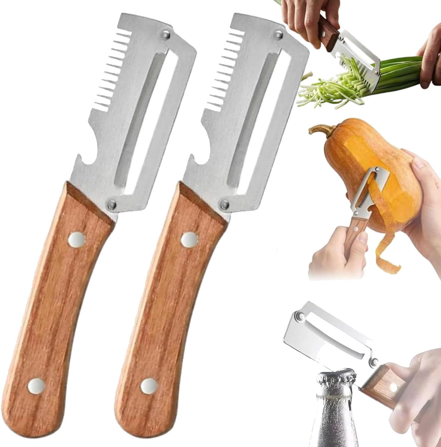 1 PCs Multi-Functional Knife Peelers For Kitchen, Multi Functional Vegetable Peeler, 3 In 1 Multi Functional Wooden Handle Peeler And Bottle Opener