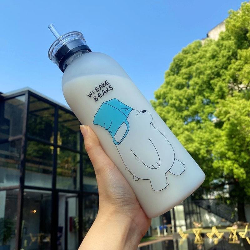 We Bare Bears Panda Water Bottle 1000ml - Cute Cartoon Design Durable Hydration Bottle For School, Gym, Travel, And Outdoor Activities (Random Color)
