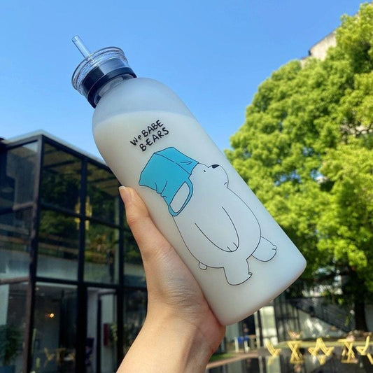 We Bare Bears Panda Water Bottle 1000ml - Cute Cartoon Design Durable Hydration Bottle For School, Gym, Travel, And Outdoor Activities (Random Color)