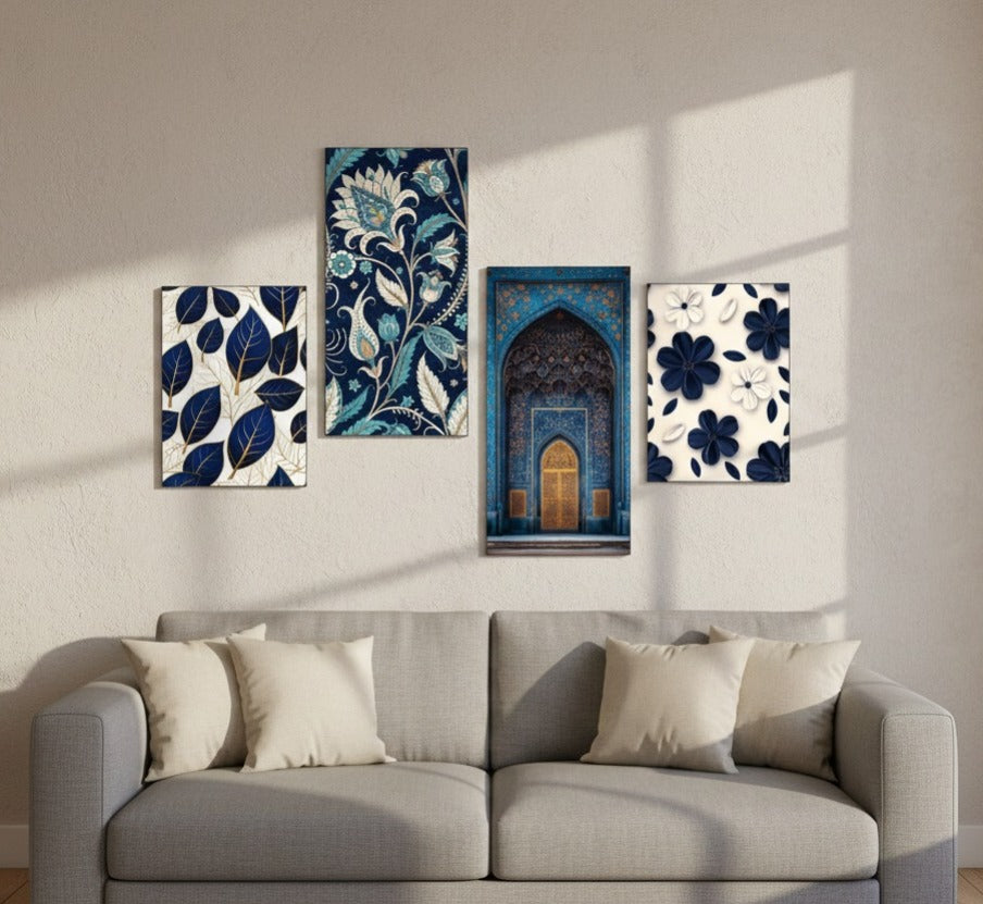 Set Of 4 Blue & White Botanical & Architectural Wall Tiles | Wooden Sticky | 8x16" & 8x11" | Double Tape Included