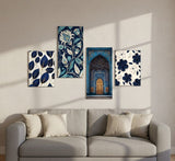 Set Of 4 Blue & White Botanical & Architectural Wall Tiles | Wooden Sticky | 8x16" & 8x11" | Double Tape Included