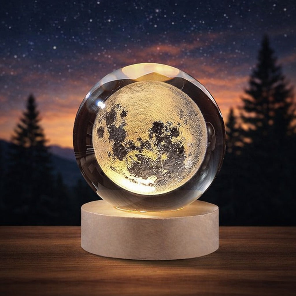 3D Galaxy Crystal Ball Lamp With Wooden LED Base – Decorative Night Light (Only Moon Shape)