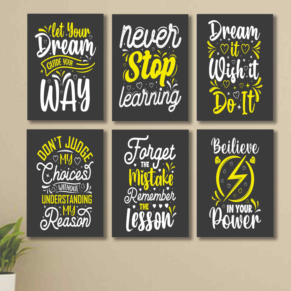 Set Of 6 Motivational Sticky Canvas Frames For Wall Decore / Sticky Phototiles