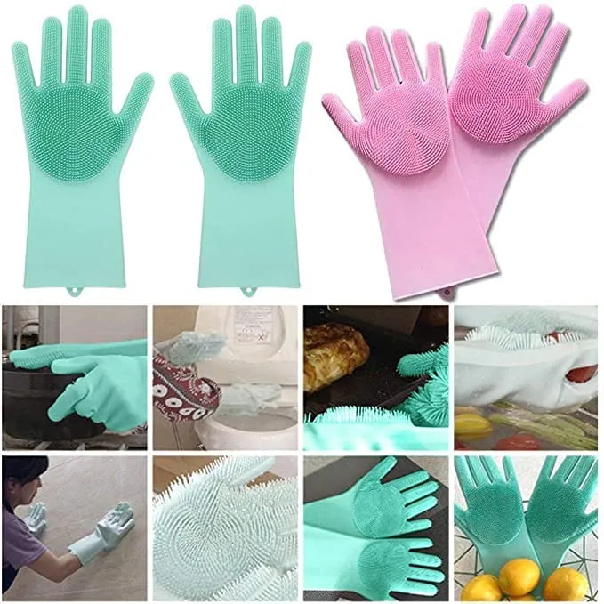 Silicone Dishwashing & Cleaning Pair Gloves – Reusable Heat Resistant Scrubber Gloves For Kitchen, Bathroom & Household Cleaning | Random Color