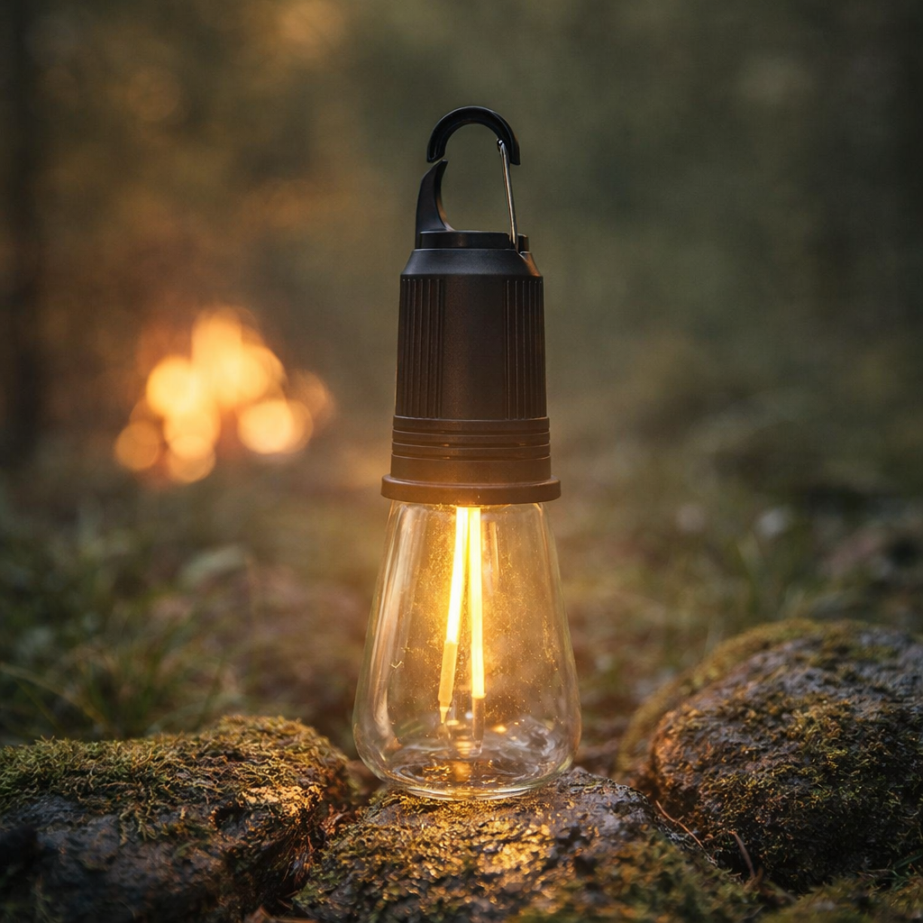 T02 Portable Hanging Camping Lamp – Type-C Rechargeable Warm Light LED Bulb With 3 Modes