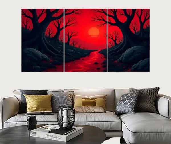 Set Of 3 Surreal Red Landscape Wall Art Frames – 8x11" MDF Wood With Adhesive Backing
