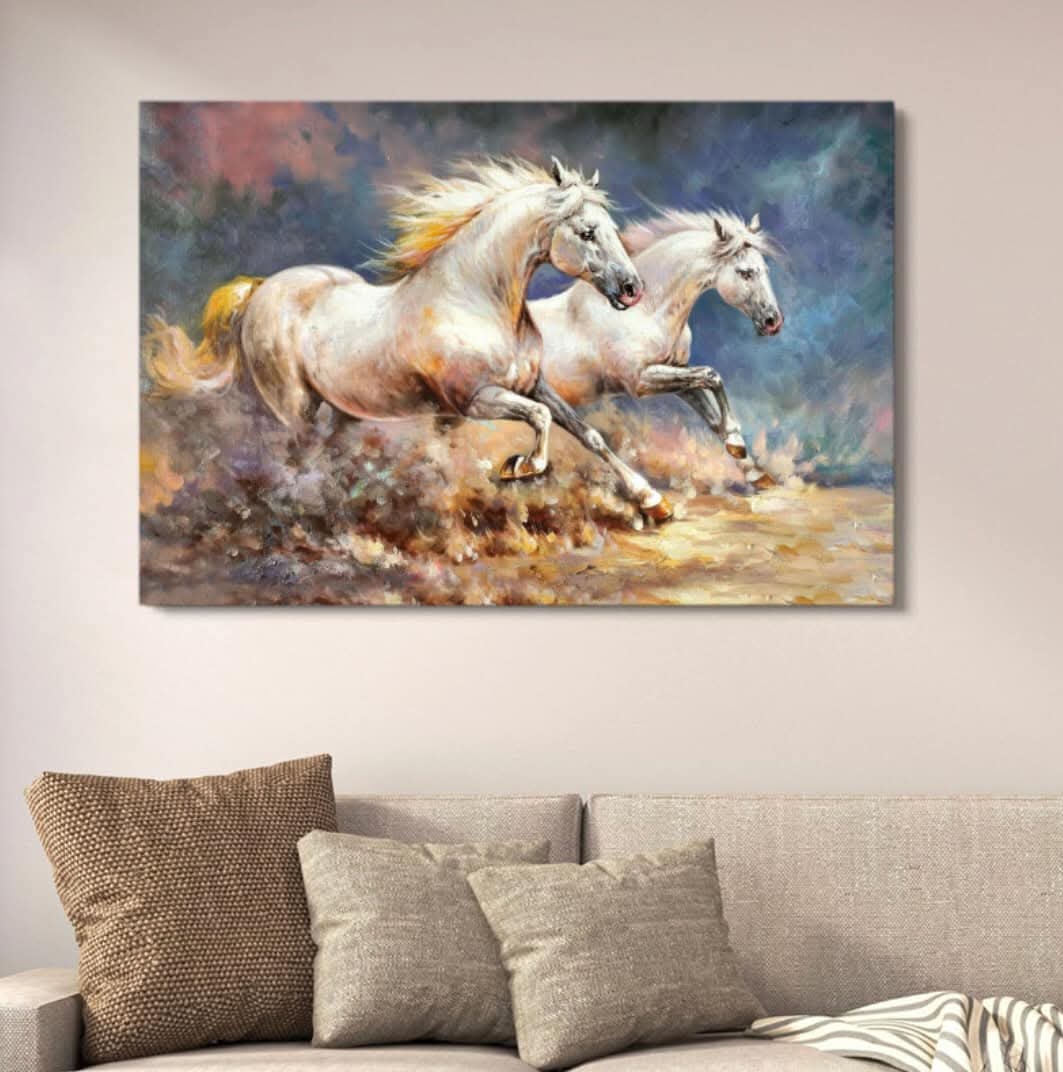 Two Galloping White Horses On The Plains Canvas Wall Art With Double Tape | 12x16 Inches