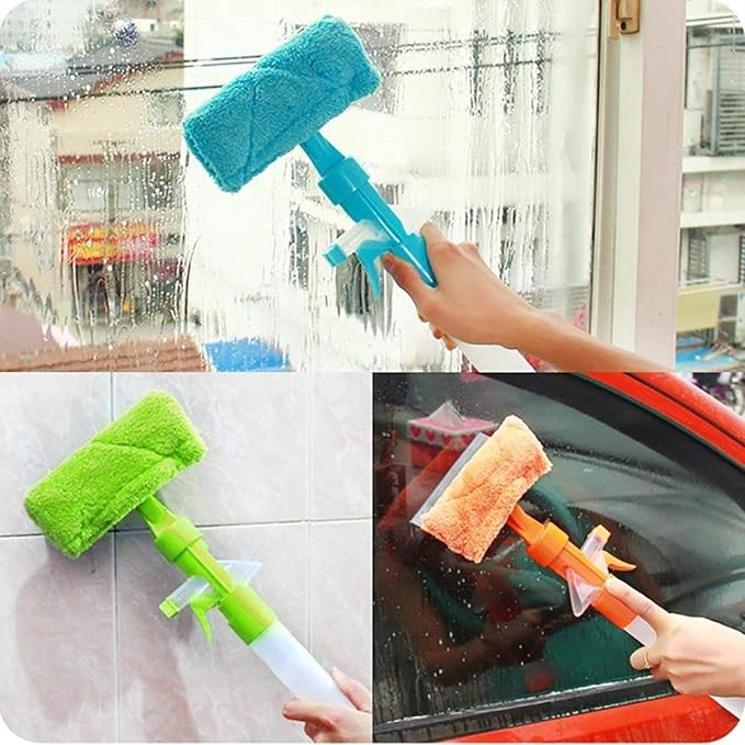 3 in 1 Fiber Wiper Sprayer  Wash, Wipe and Soak | Window Squeegee Kit, Cleaning Tool with Detachable Microfiber Cloth Rubber Scraper & Sprayer, Portable Window Cleaner Combo for Car, (Random color)
