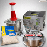 Kitchen Fresh Prep Combo Deal – 2L Manual Hand Press Vegetable Chopper, Meat Mincer & 100 Elastic Stretchable Food Covers - Random Color