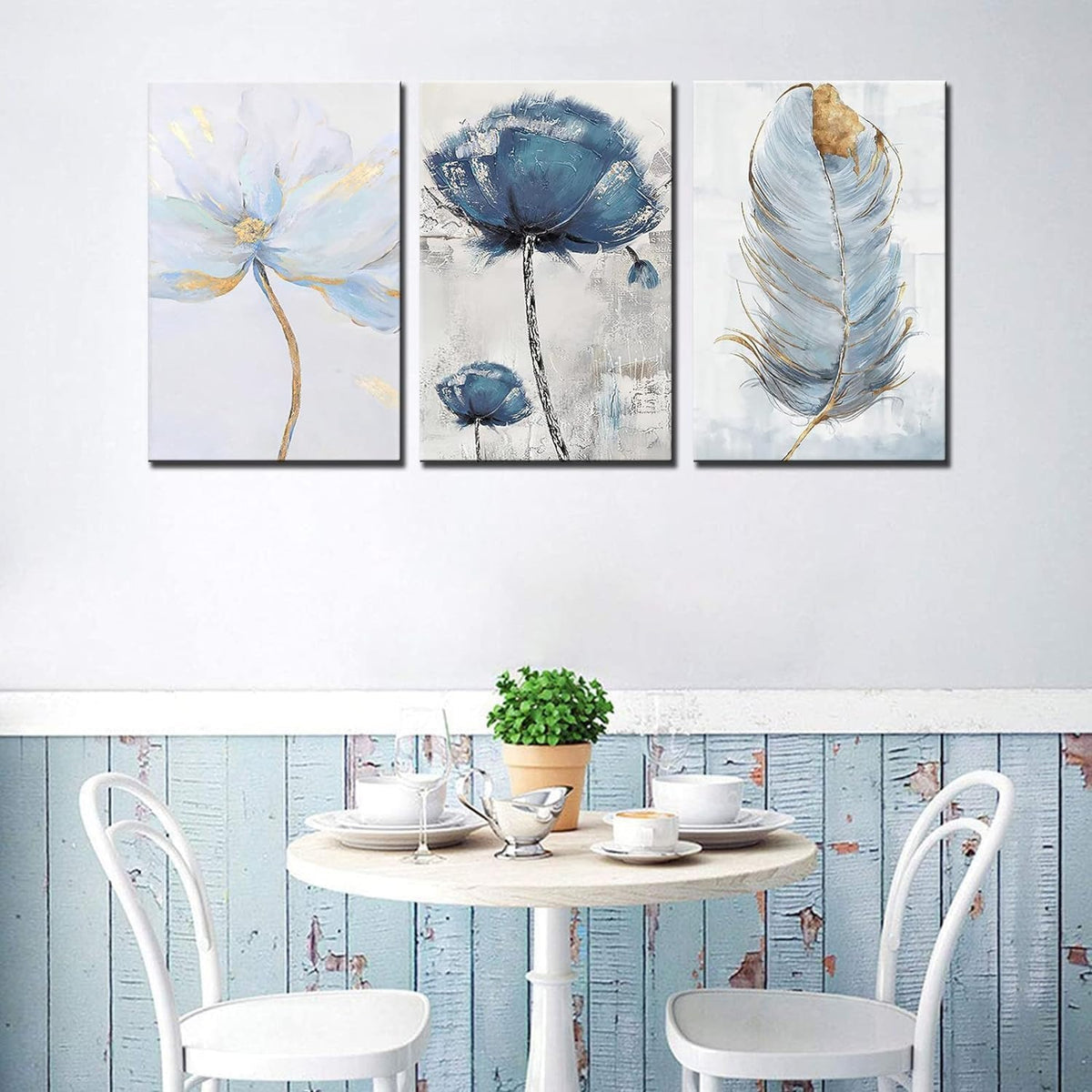 Set Of 3 Fresh Posters – Flowers & Feather Wall Art Prints (8x11 Inches) With Double Tape