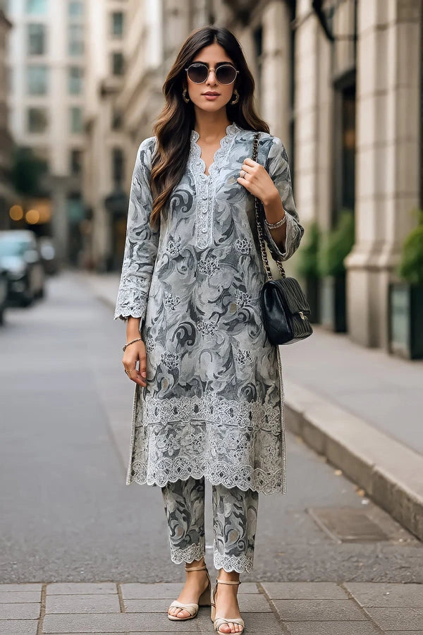 ANEELA’S Luxury Embroidered Lawn 3 Piece Unstitched Suit – Grey Floral Summer Collection