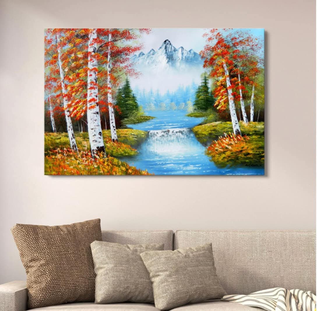 Autumn Mountain River Canvas Art | Scenic Nature Landscape Wall Decor | Artistic Forest Painting For Home | 12x16 Inches