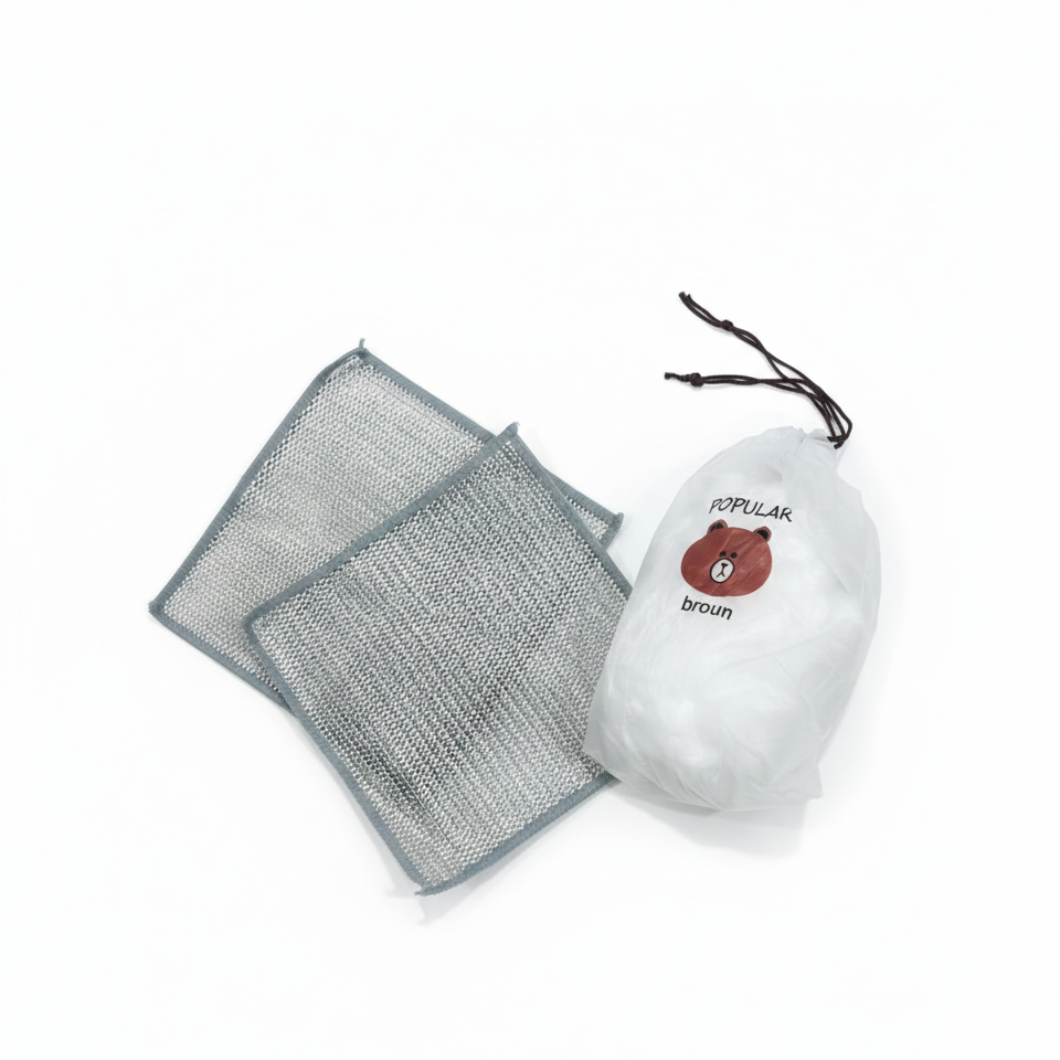 Combo Deal – 2 Pcs Metal Wire Cleaning Cloths With 1 Bear Design Food Cover Packet – Kitchen Cleaning & Food Protection Set