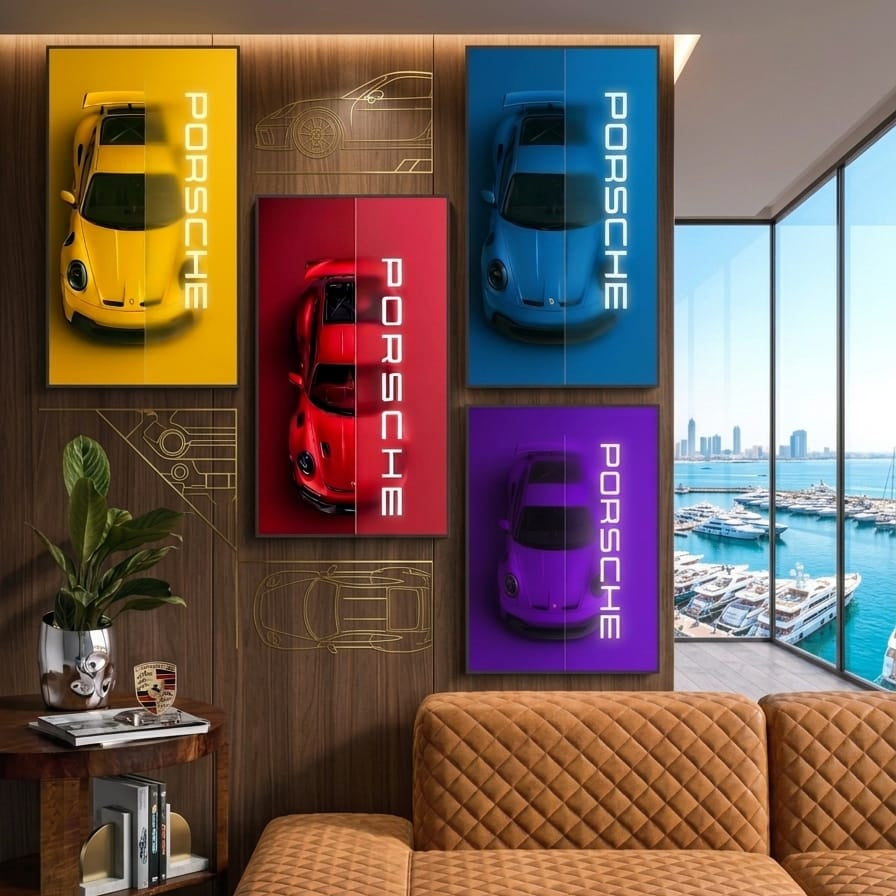 Set Of 4 Car Design Sticky Photo Tiles – Wall Frames For Home & Office Decor