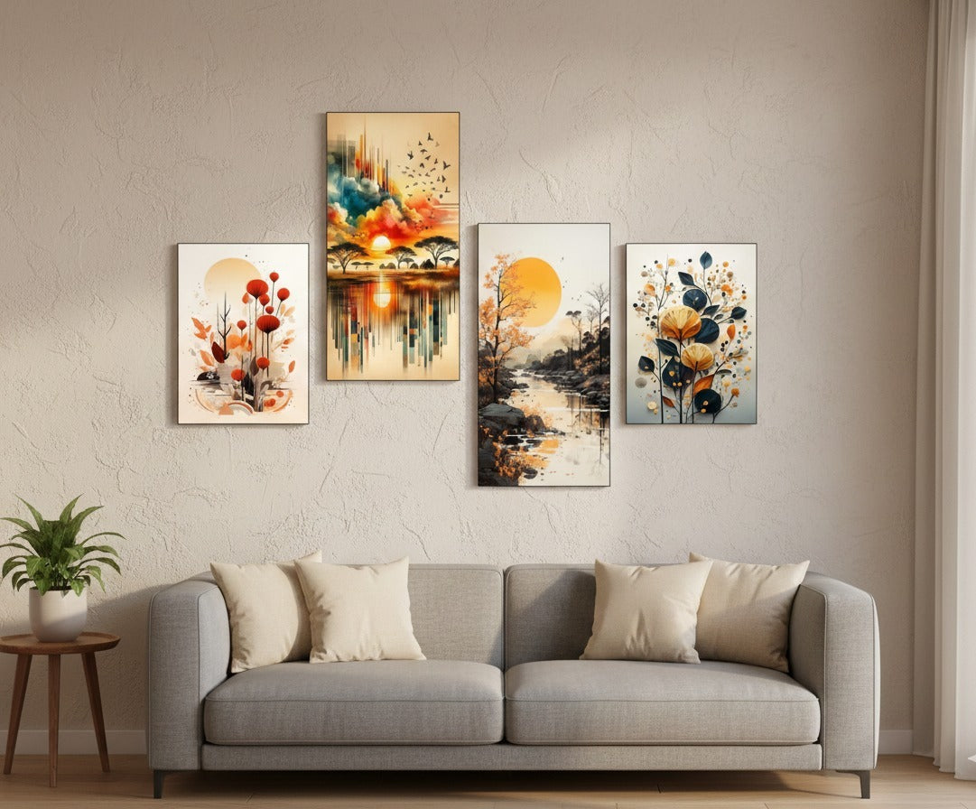 Set Of 4 Orange Grey African Valley Scenic Lowlands | Wooden Sticky Wall Tiles | 8x16" & 8x11" | Double Tape Included