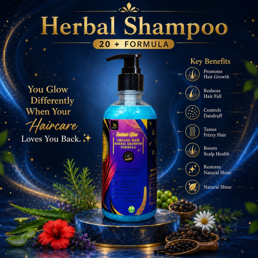 Instant Glow Herbal Shampoo 20+ Formula 500ml | Organic Herbal Shampoo For Hair Growth & Hair Fall Control | Dandruff & Frizz Control | Scalp Nourishing Hair Care