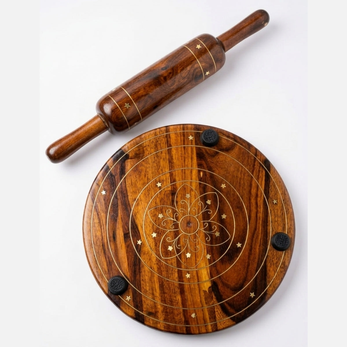 Shesham Wood & Brass Patra Bellon Set – Premium Roti Making Board & Rolling Pin