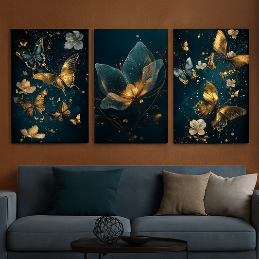 3 Pcs Butterfly Wall Art Frame Set – Elegant Golden Butterfly And Floral Design With Wooden Sticky Tile – 8x11 Inches With Double Tape