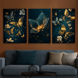 3 Pcs Butterfly Wall Art Frame Set – Elegant Golden Butterfly And Floral Design With Wooden Sticky Tile – 8x11 Inches With Double Tape