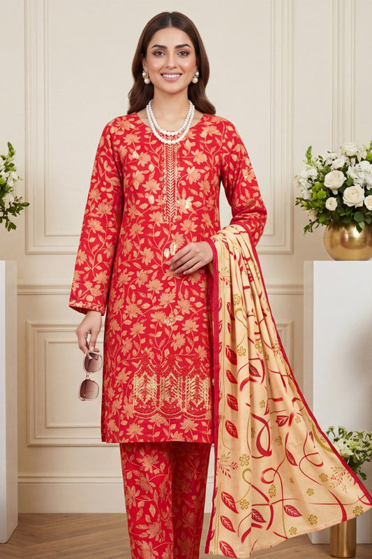 Aneela’s Premium Embroidered Lawn 3PC Unstitched Suit With Printed Dupatta