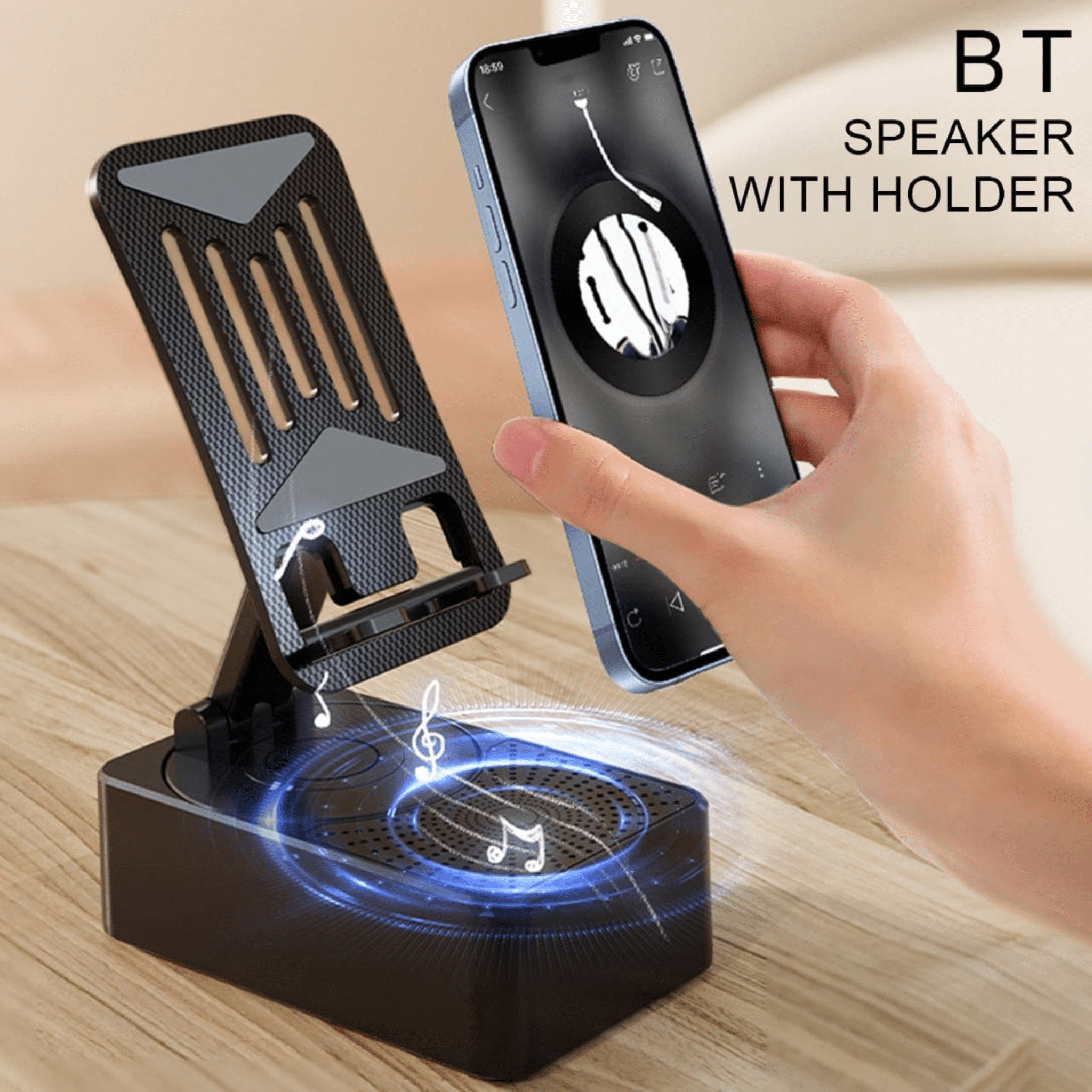 3-In-1 Rotating Foldable Mobile Phone Stand With Built-In Bluetooth Speaker – Adjustable Desktop Holder For Smartphones