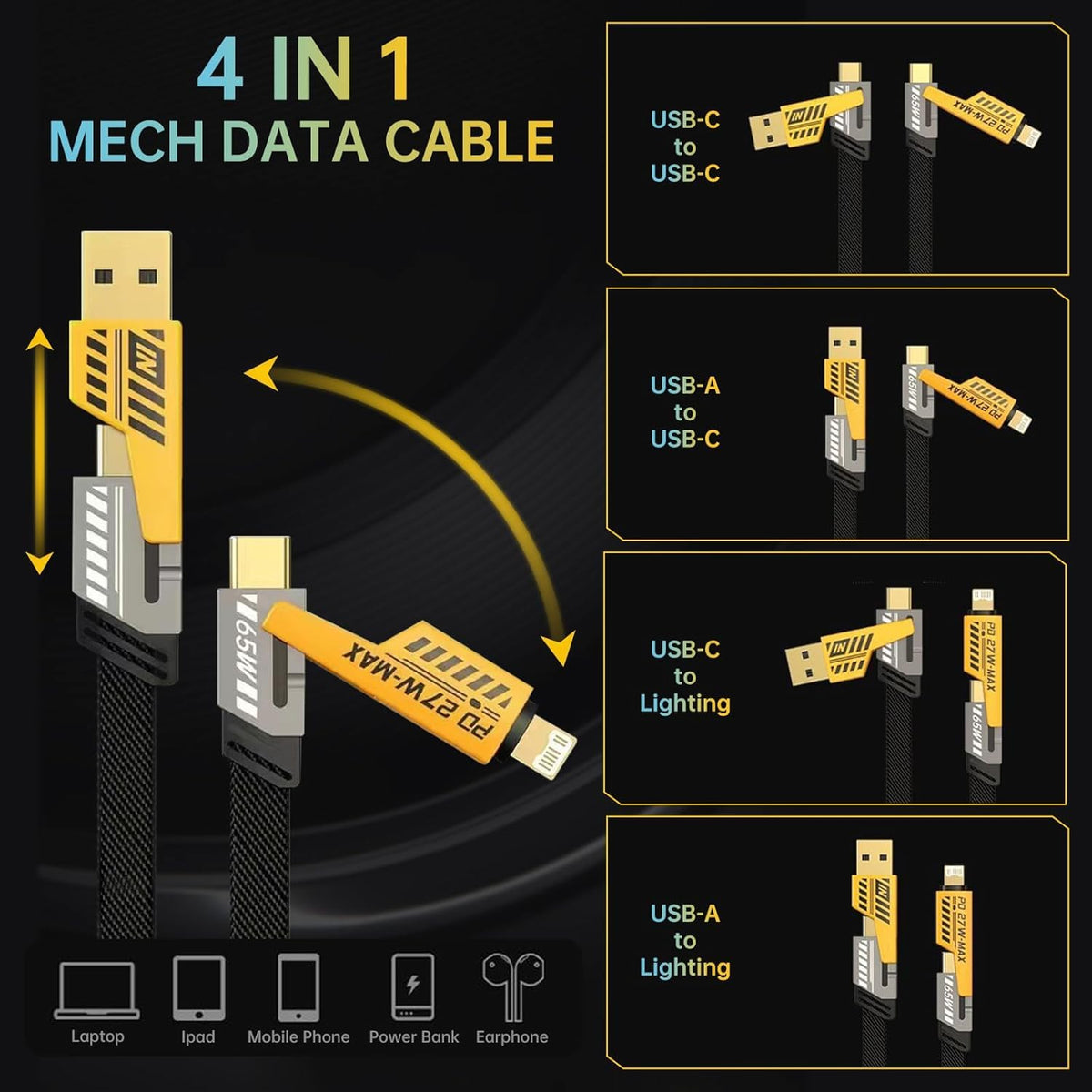 4 In 1 Data Cable – USB-C & Lightning Connectors, Braided Durable Design, Fast Charging