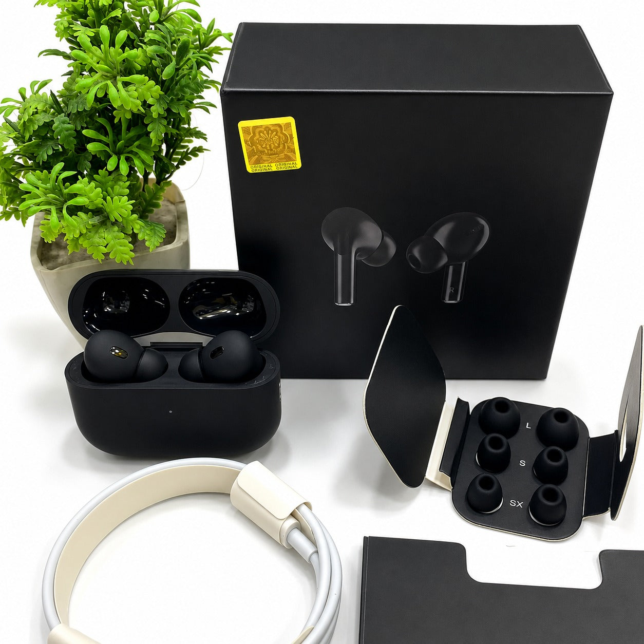 Original Black Pro 2 Box Pack Wireless Earbuds With All Accessories – Black