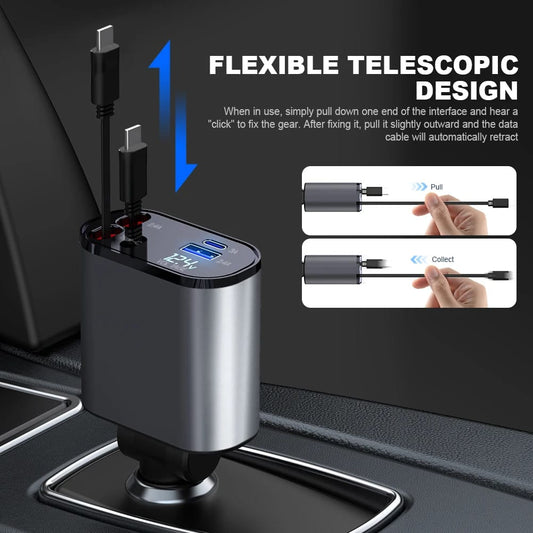4 In 1 Car Charger 120W Retractable Design Without Light Durable Reliable Fast Charging Compact Practical Choice For Smartphones And Gadgets