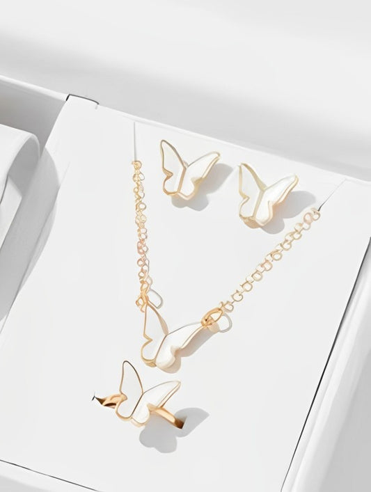 Butterfly Set, Pack Of 4 / Pendants Necklace Earrings Ring For Women Jewelry -White