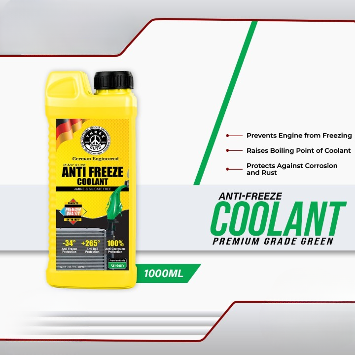 THREE GUYS Antifreeze Coolant Green – Long Life Ready-To-Use Coolant | IAT Formula | Radiator Coolant For Car, SUV & Bike Engines | Rust & Freeze Protection | 1L