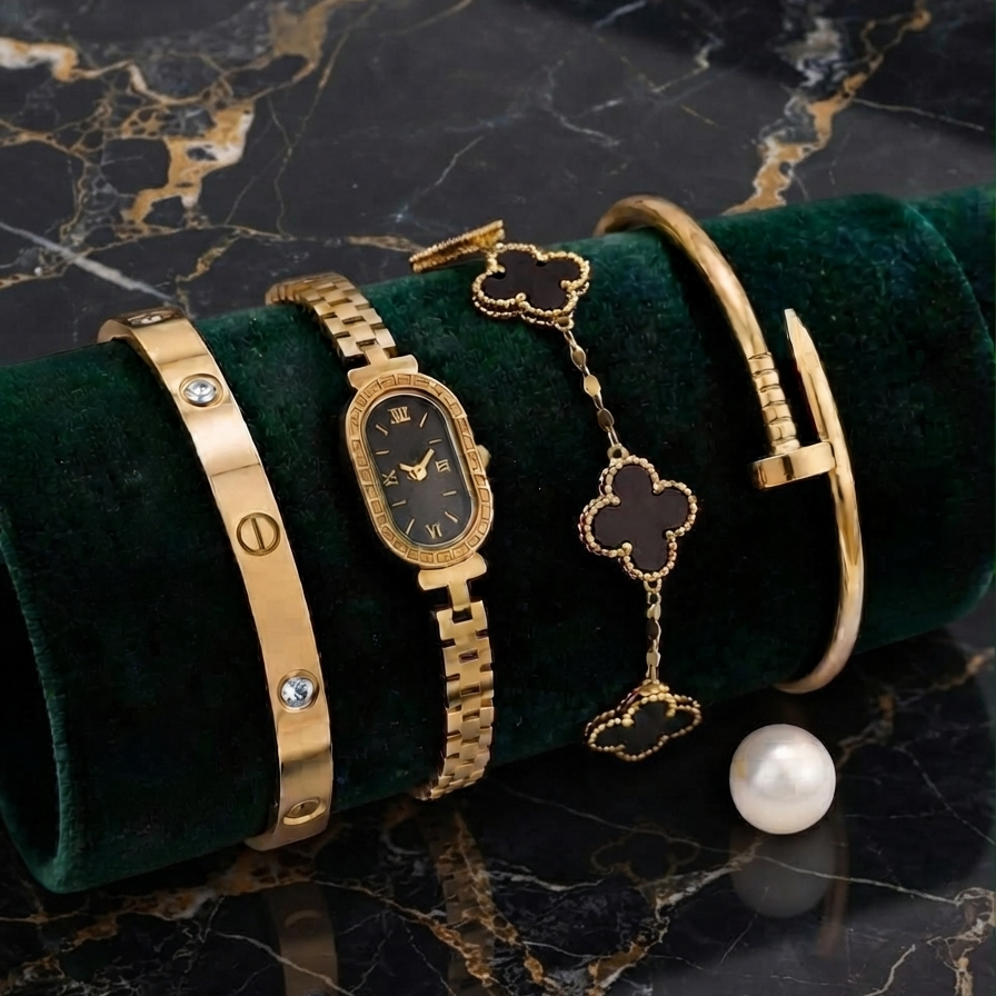 Stainless Steel 4 Piece Bracelet, Watch And Bangle Combo - Jewelry Product Designed For Styling And Daily Outfit Routine