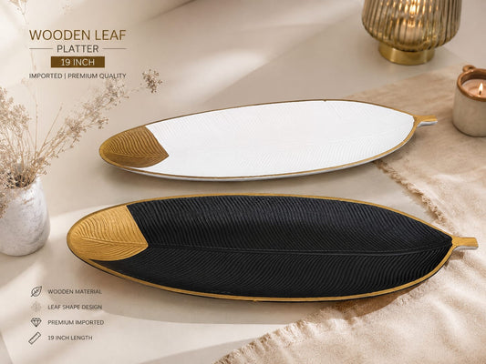 1 PCs Wooden Leaf Platter – Decorative Serving Tray for Snacks, Fruits & Table Display  | Size: 49.5 x 17.8 x 3 cm (Random Color)